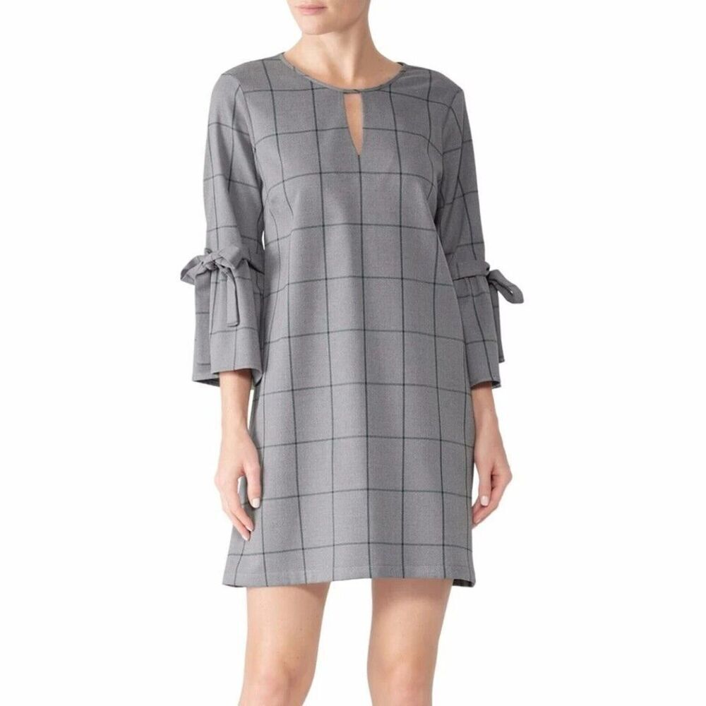 Waverly Grey Windowpane Plaid Tie Sleeve Plaid Shift dress gray  - Size XS